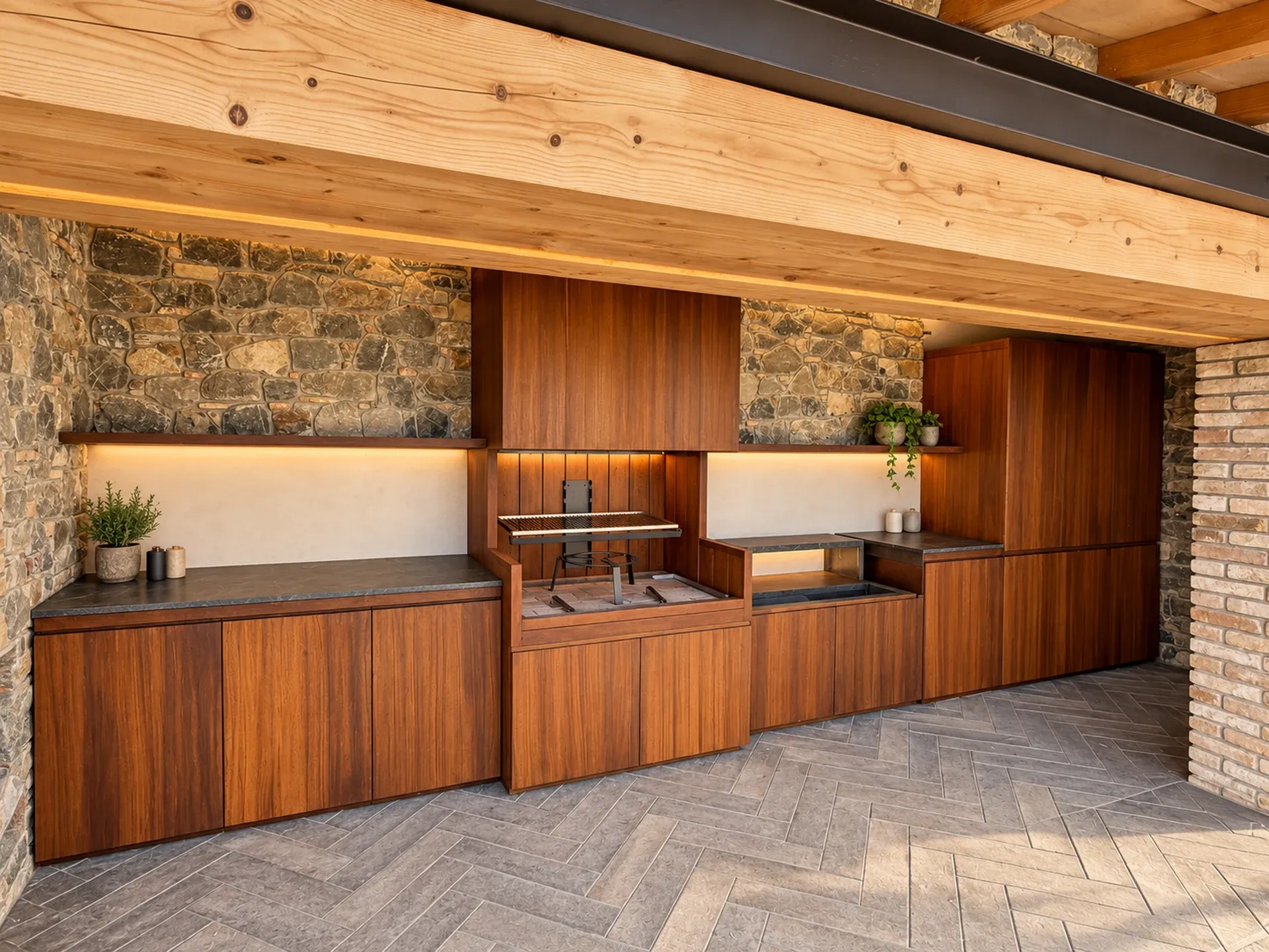 Detalles de una cocina de exterior con mobiliario metálico