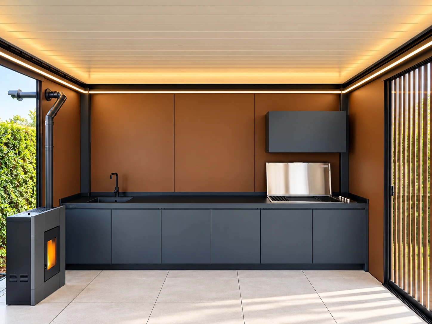 Cocina exterior moderna INSFIRE con iluminación cálida