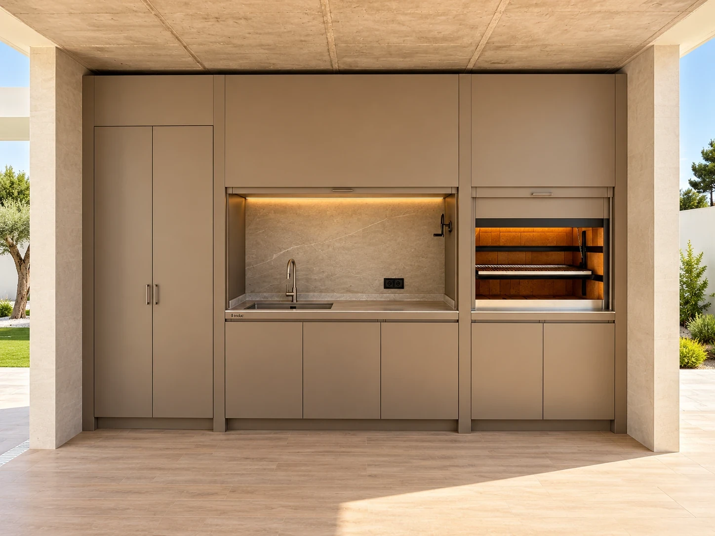 Cocina exterior INSFIRE con módulos a medida, fregadero y horno integrado bajo un porche mediterráneo