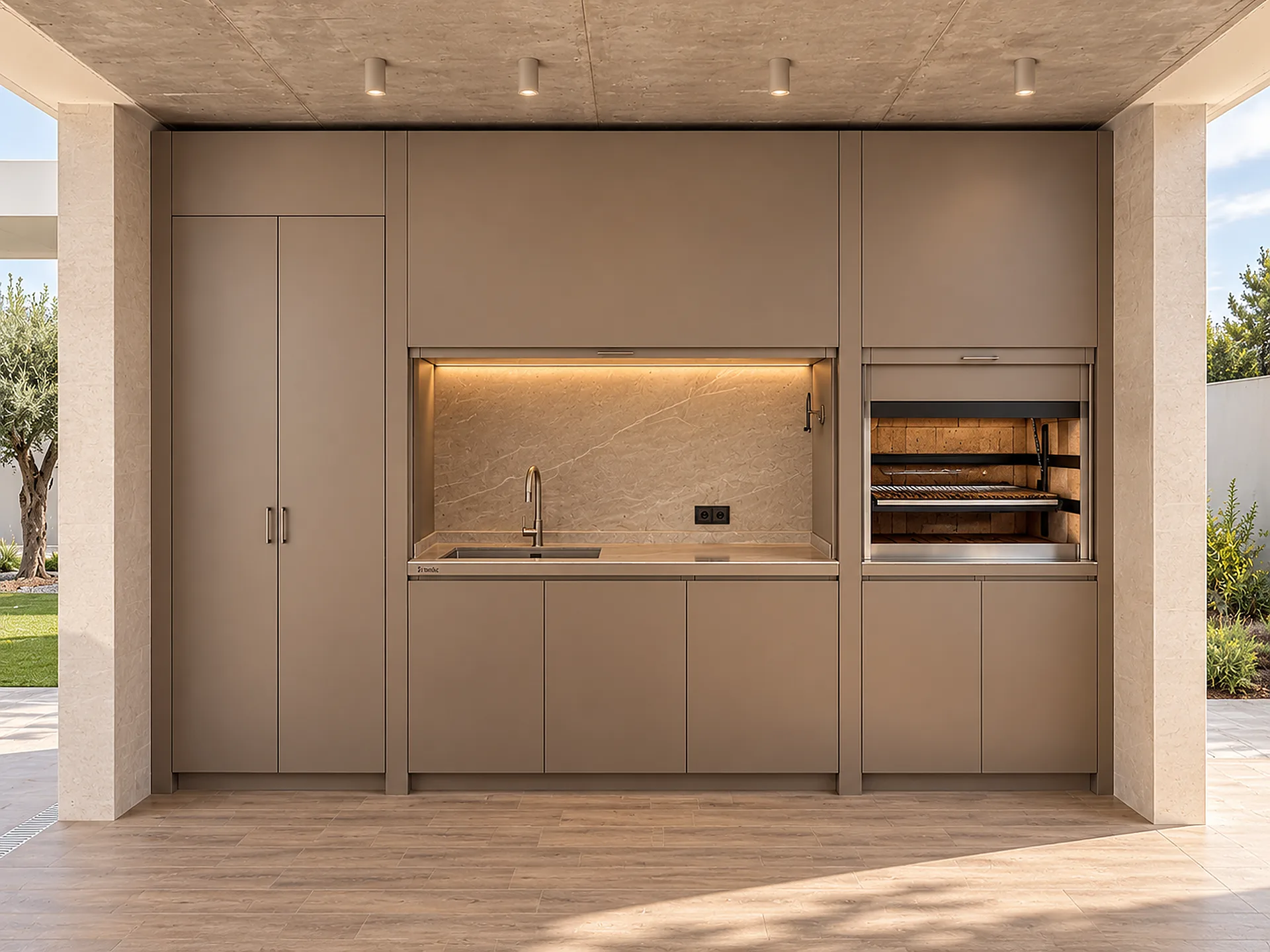 Cocina exterior con mobiliario metálico y superficies porcelánicas