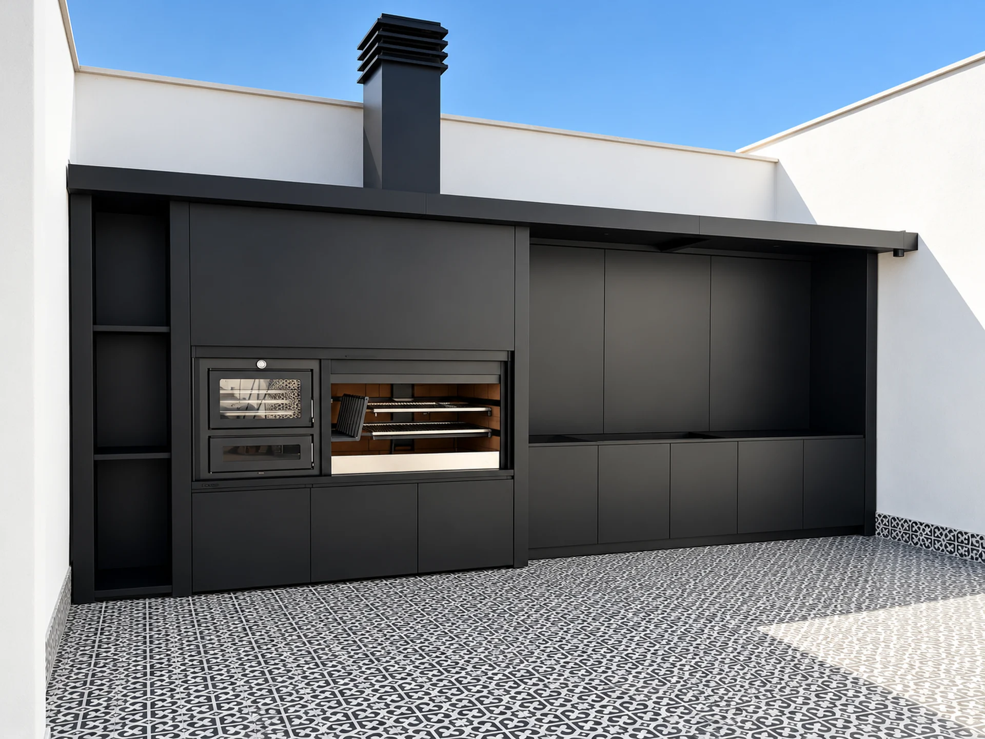 Cocina de exterior INSFIRE con horno de leña y acabados antracita