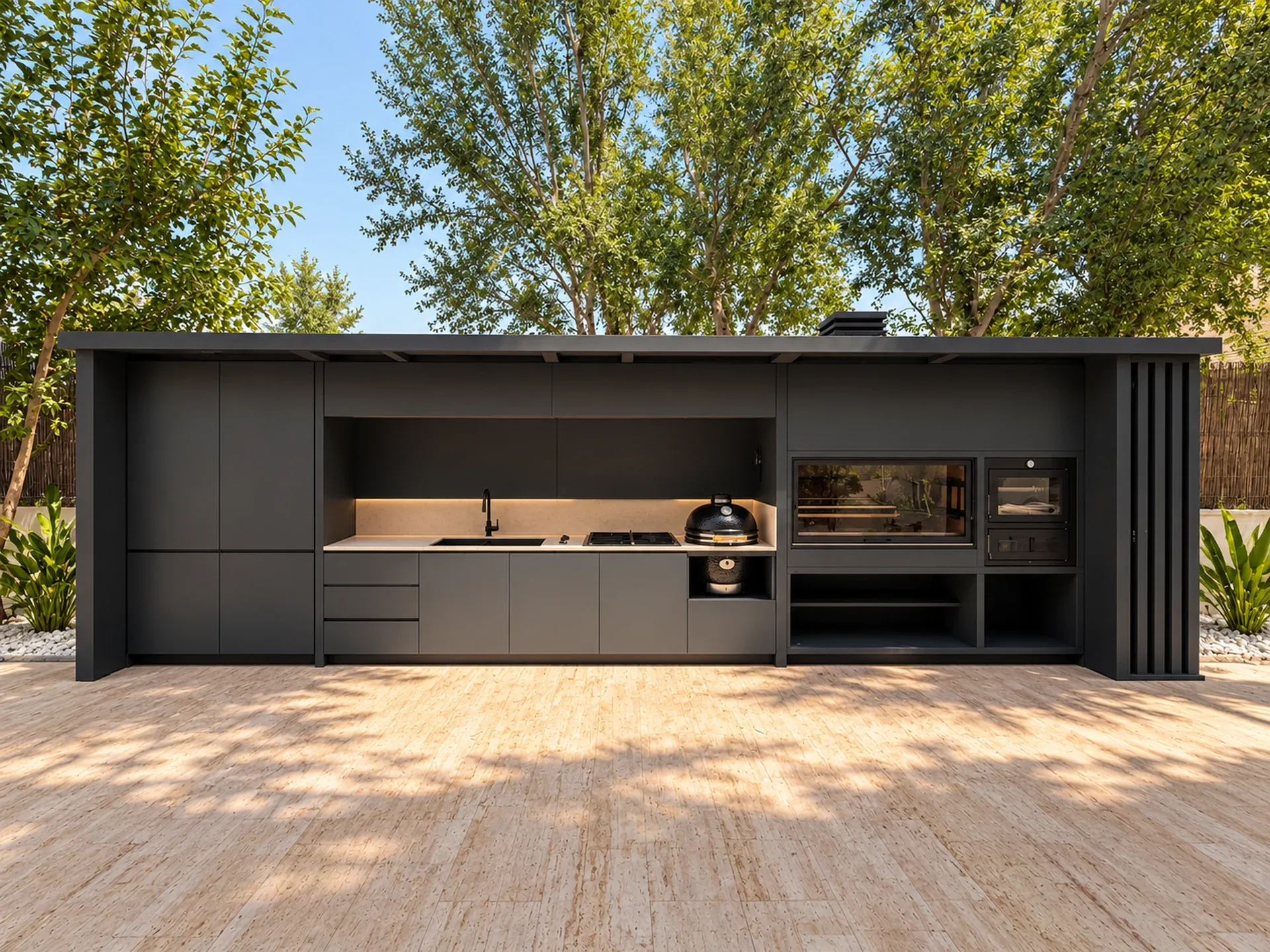Cocina de exterior INSFIRE de diseño contemporáneo entre árboles