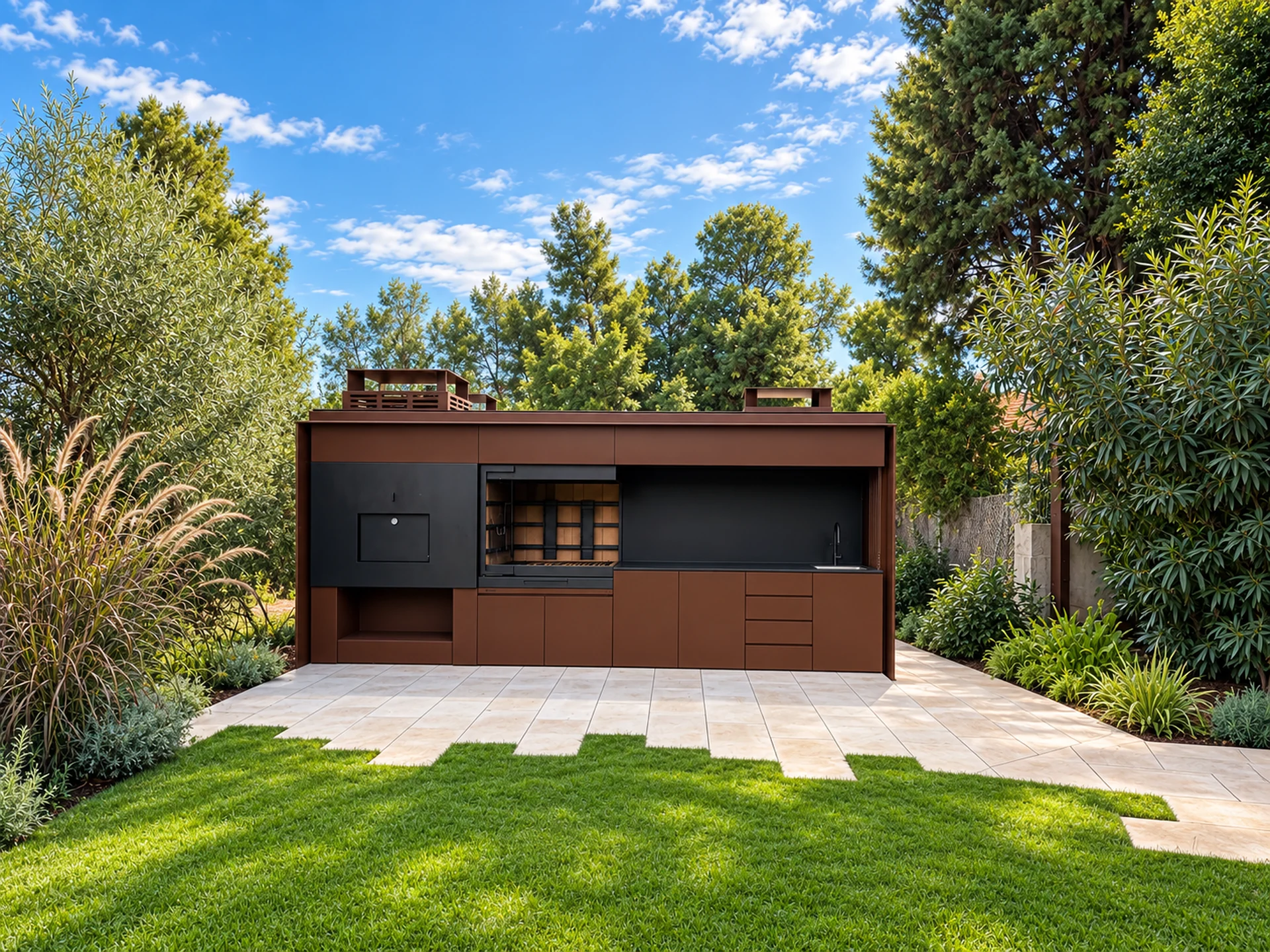 Cocina de exterior INSFIRE de acabado bronce en un jardín